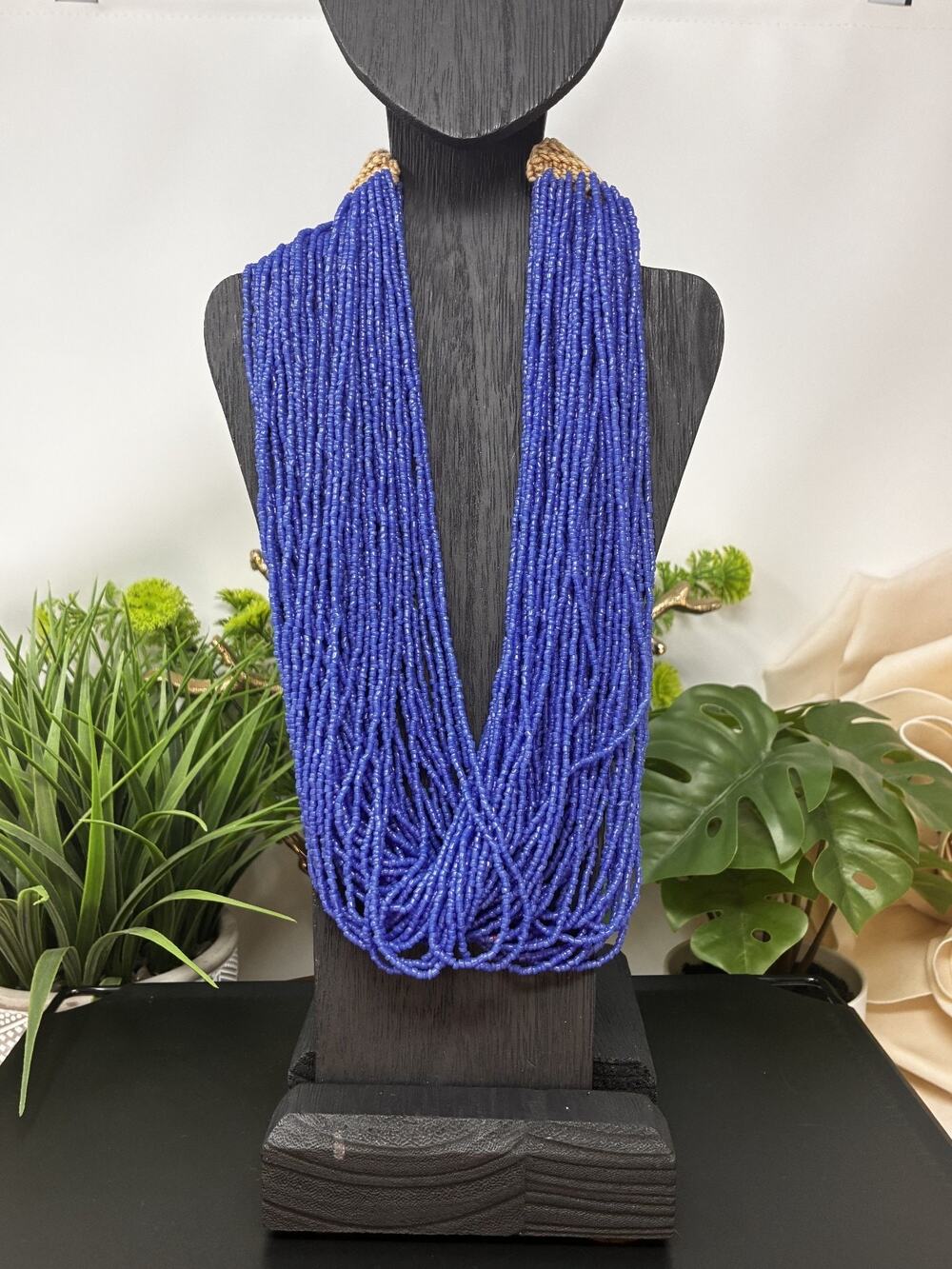 Vintage Cobalt Blue Seed Bead Multi Strand Necklace Artisan Boho Statement